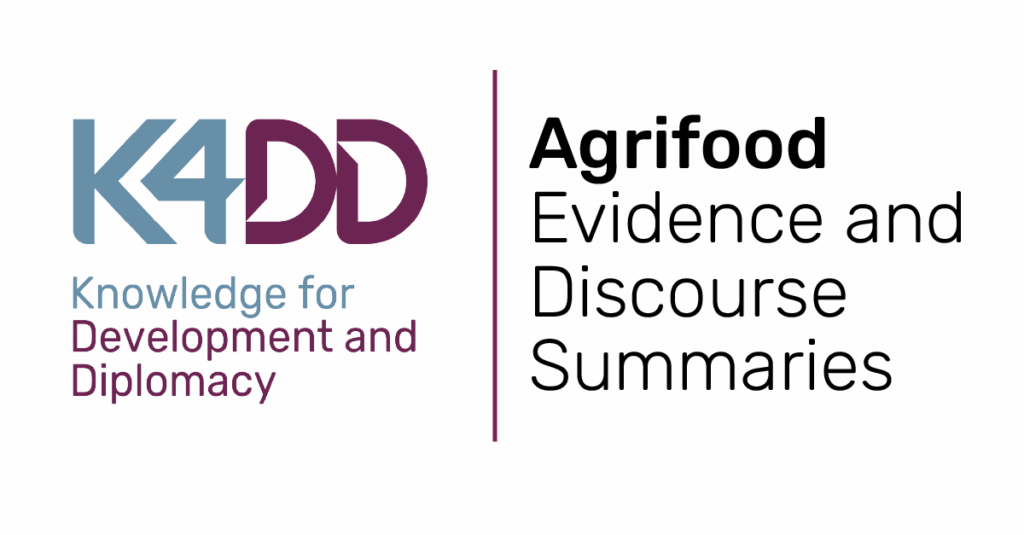A graphic with the K4DD logo and text that reads 'Agrifood Evidence and Discourse Summaries'.